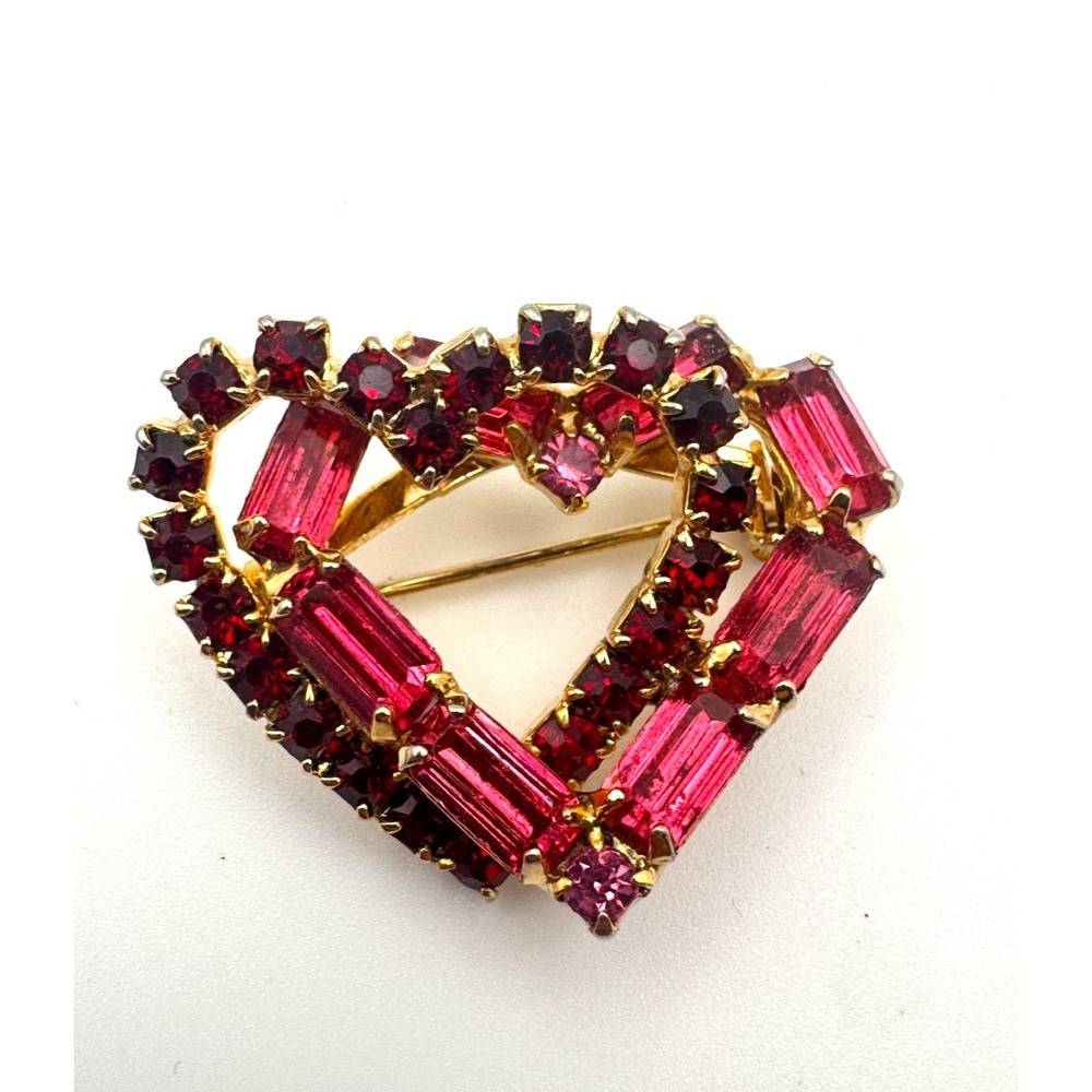 Vintage Heart Brooch Red Baguette Rhinestone Two Hearts Love Sweetheart